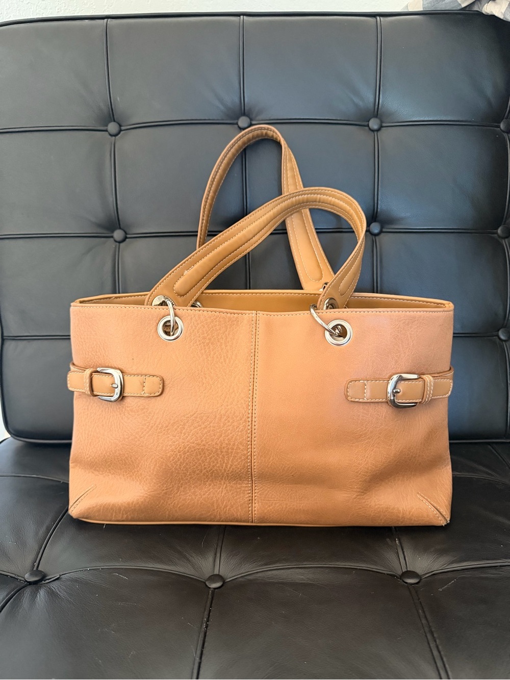 Structured Tan Leather Tote with Silver-Tone Hardware